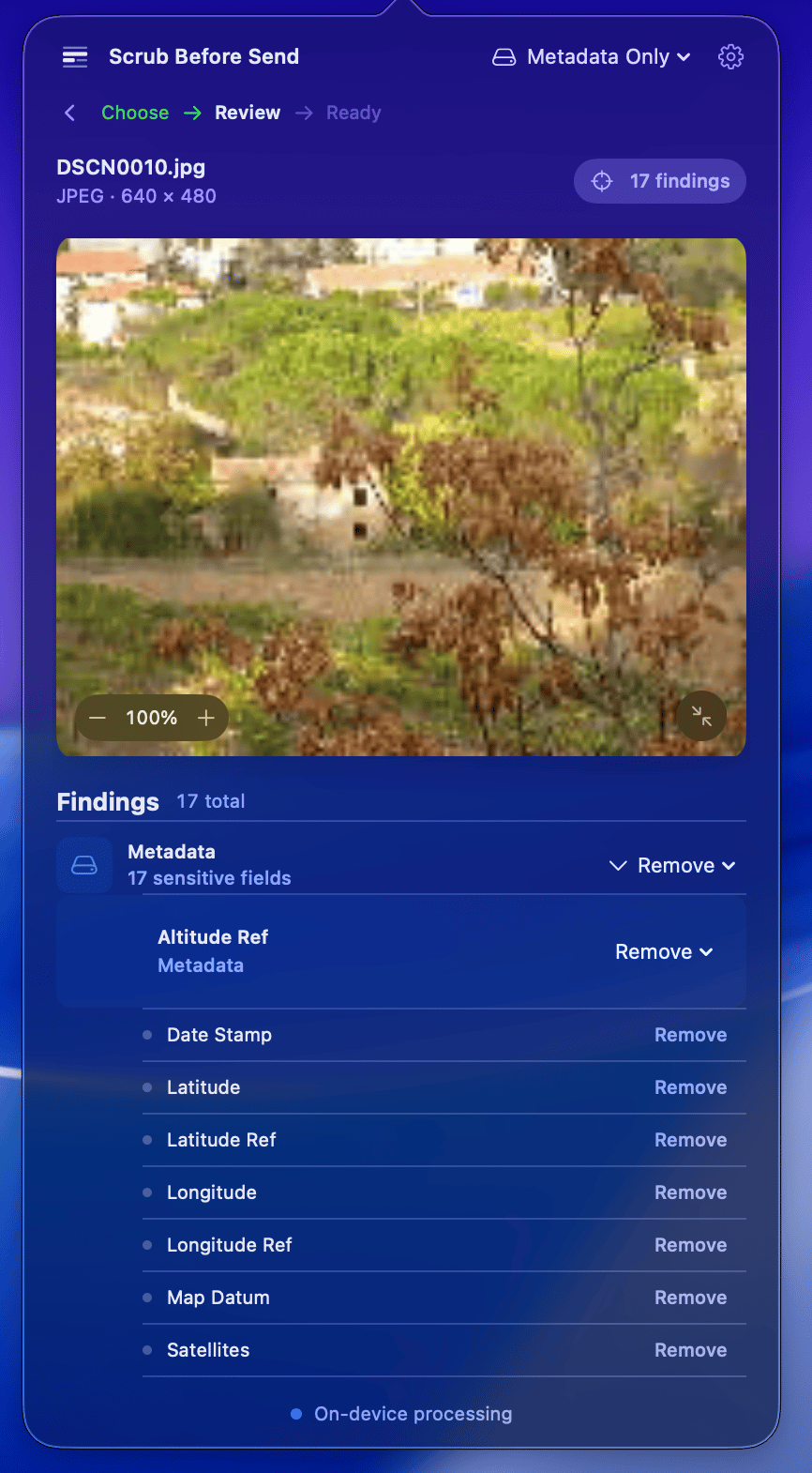 Scrub Before Send finding and removing location metadata from a photo