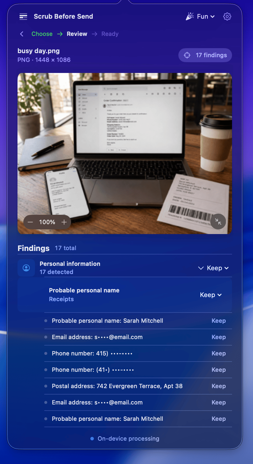 Scrub Before Send reviewing personal information found in a photo